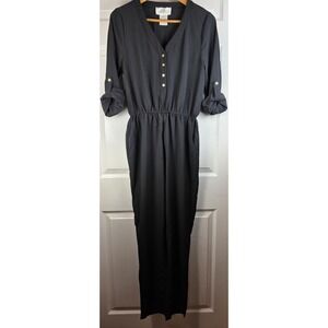 JB Julie Brown Jumpsuit Black RollUp Long Sleeve ButtonUp VNeck OnePiece S~Small